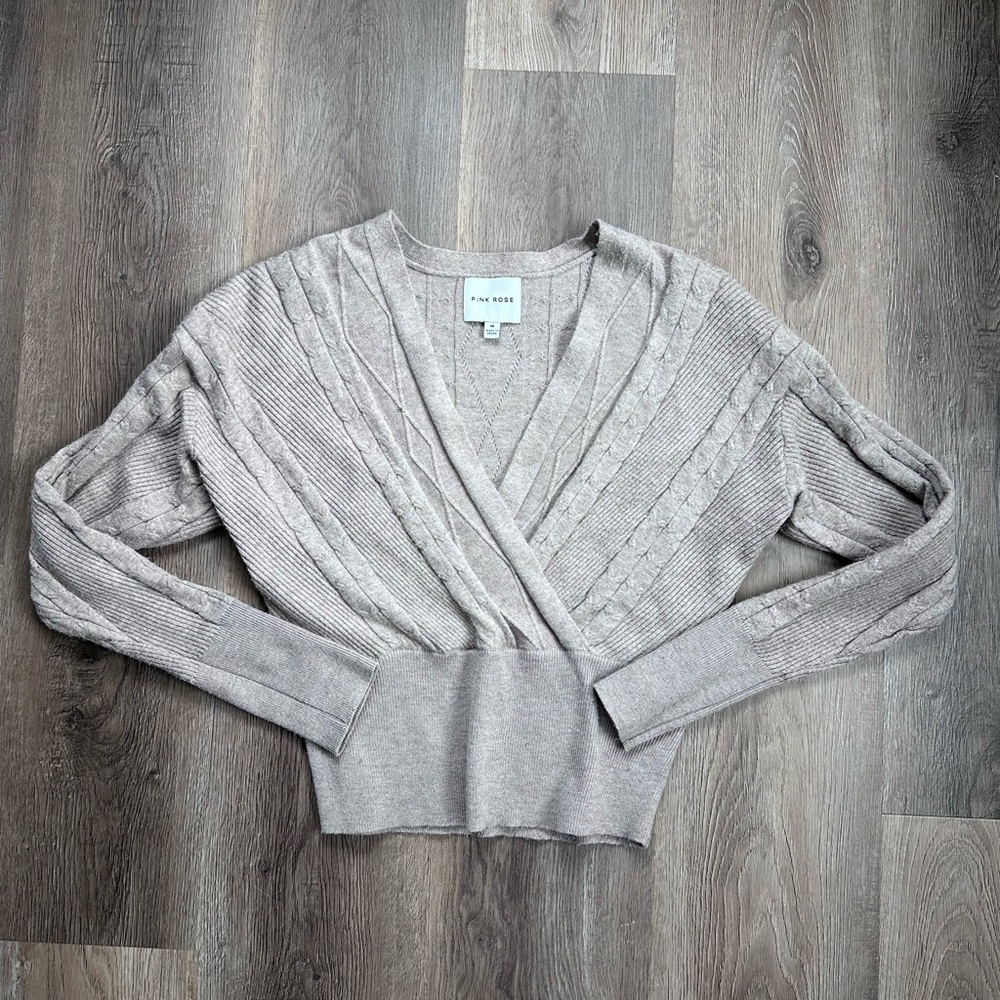 Pink Rose V-Neck Sweater - Taupe